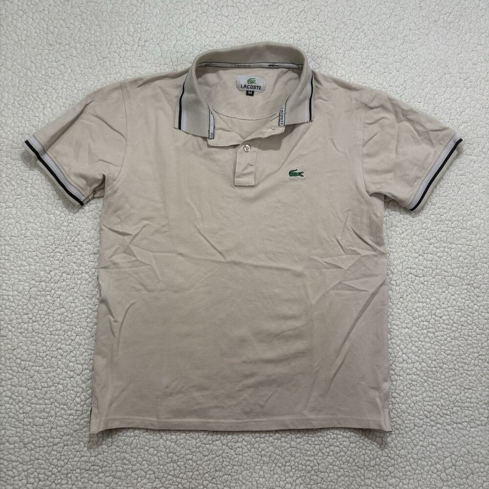 Lacoste Trim Accent Polo Shirt Contrast Collar Pique Mens Medium Beige Black
